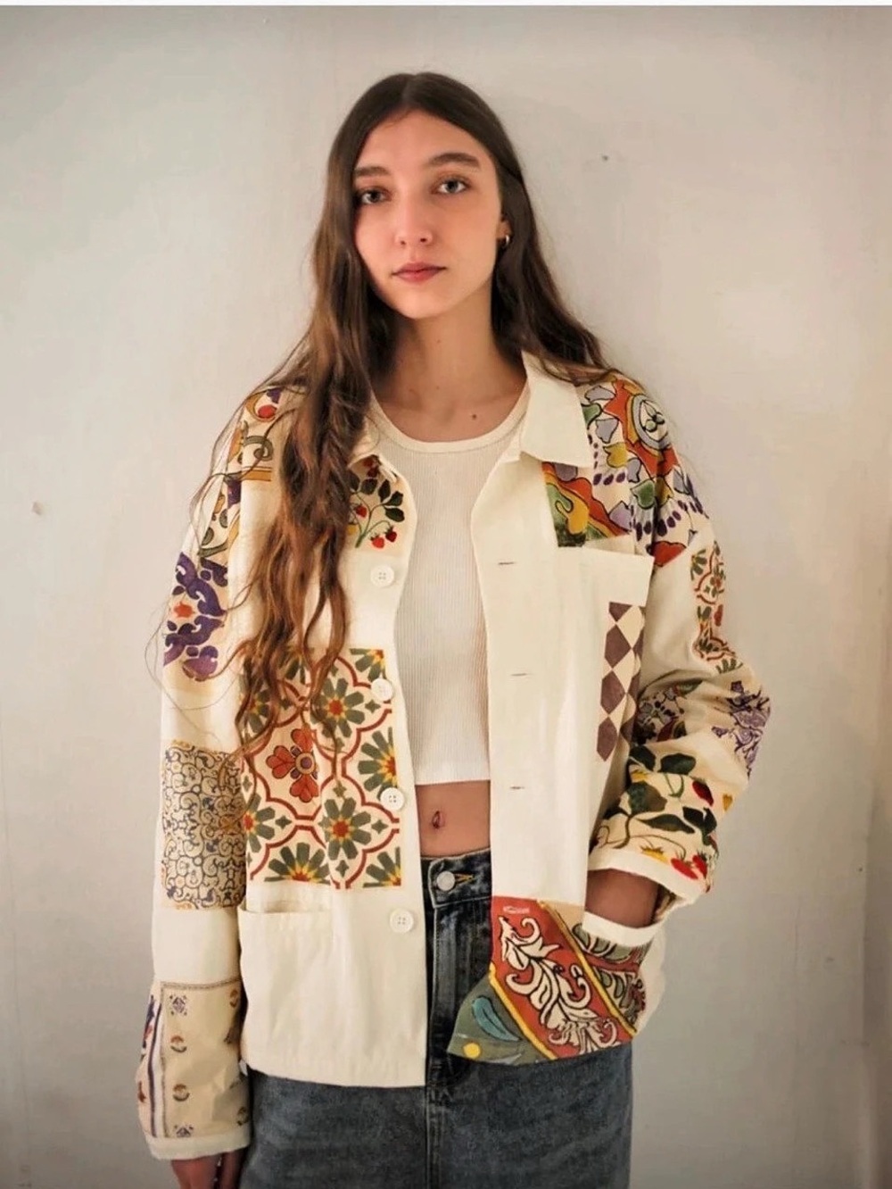 FOUND Mosaic Patchwork Jacket in White & Multicolor Size Small NWT Unisex
